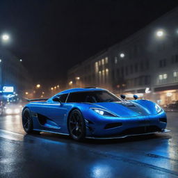 A dynamic image of the Koenigsegg Agera R, with its sleek profile, sharp lines, and glossy finish. Visualize it with blue lighting and sparks flying from the tires while racing on an urban roadway at night.