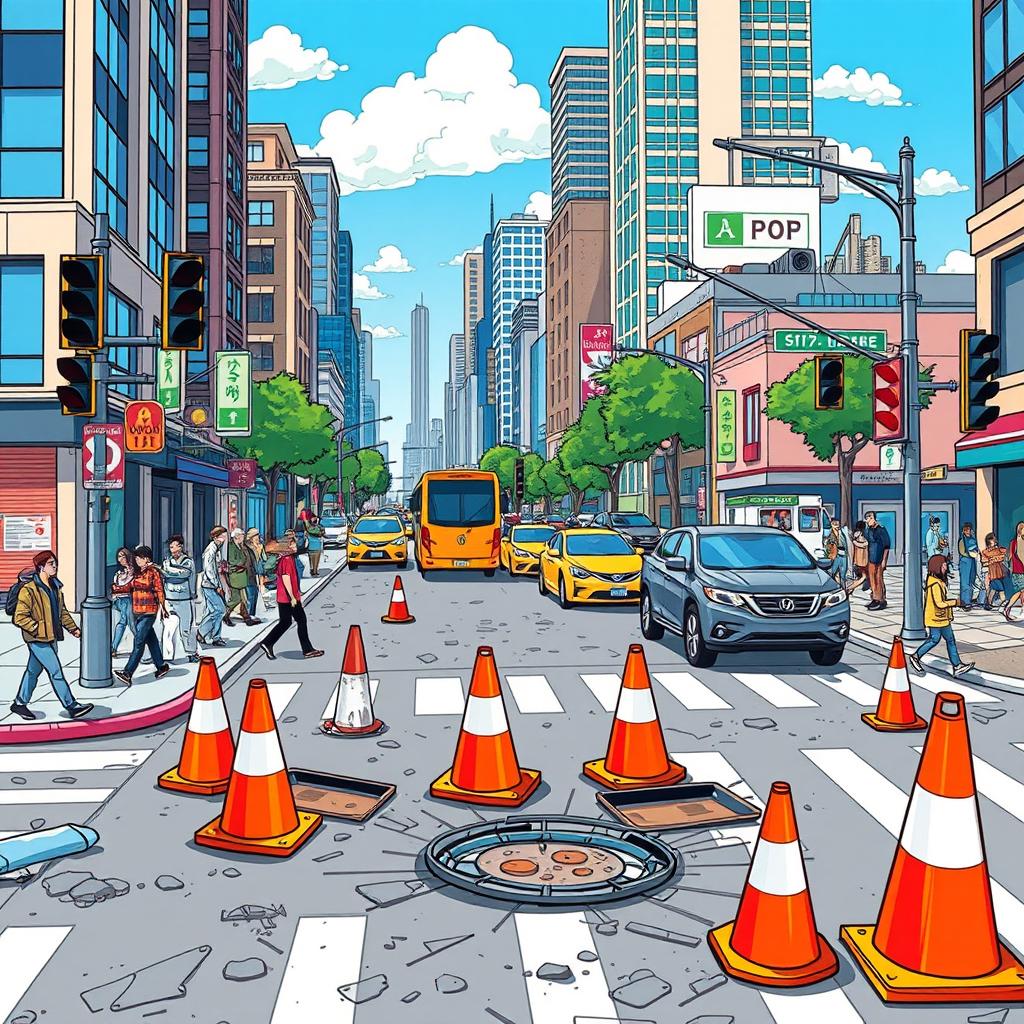 A vivid and dynamic illustration depicting a busy urban scene filled with various road hazards