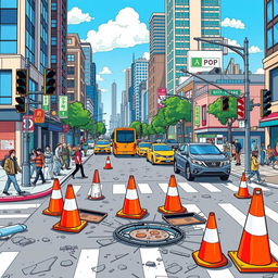 A vivid and dynamic illustration depicting a busy urban scene filled with various road hazards