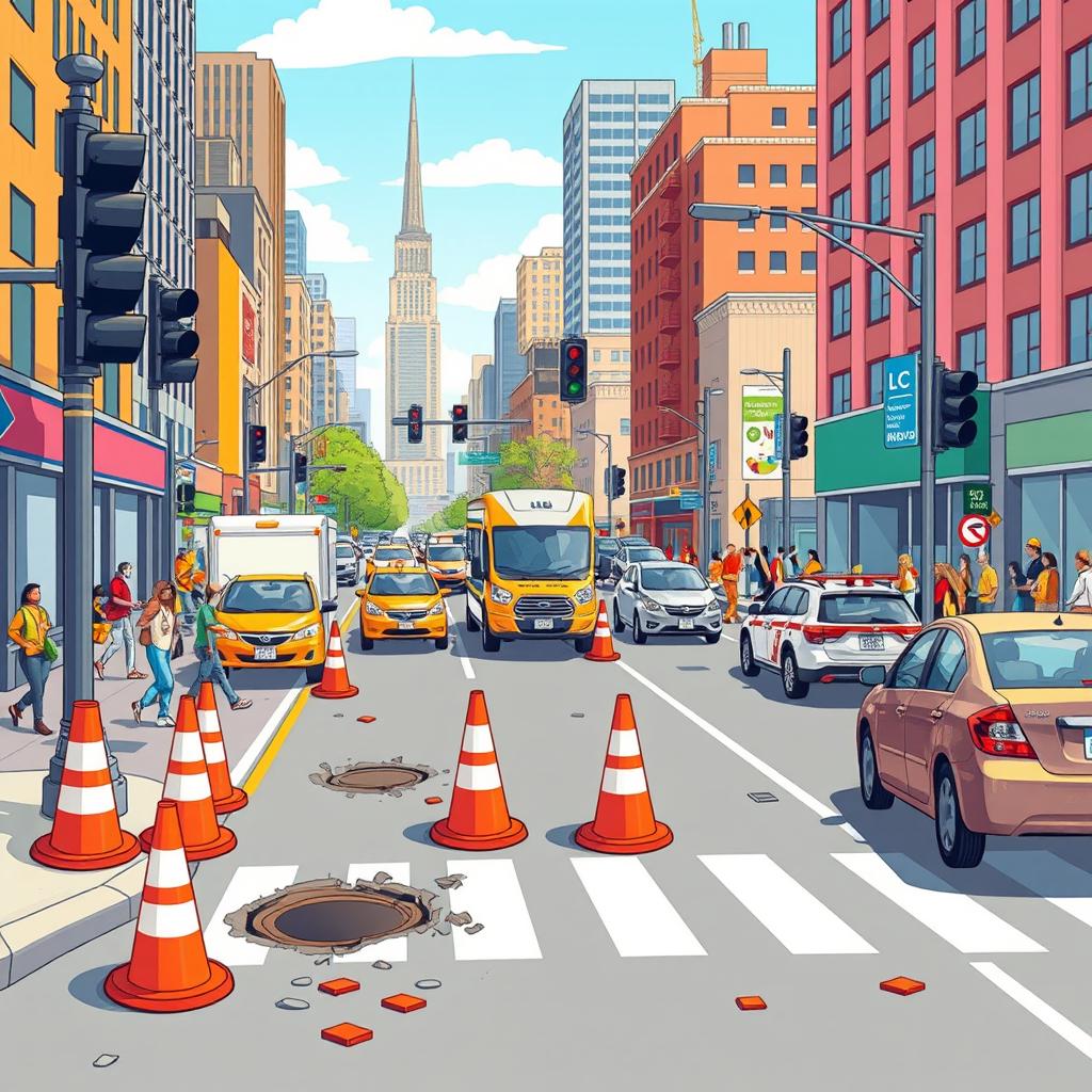 A vivid and dynamic illustration depicting a busy urban scene filled with various road hazards