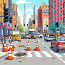 A vivid and dynamic illustration depicting a busy urban scene filled with various road hazards