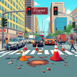 A vivid and dynamic illustration depicting a busy urban scene filled with various road hazards