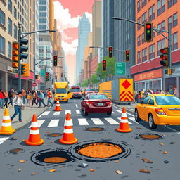 A vivid and dynamic illustration depicting a busy urban scene filled with various road hazards