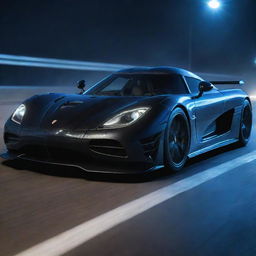 A dynamic image of the Koenigsegg Agera R, with its sleek profile, sharp lines, and glossy finish. Visualize it with blue lighting and sparks flying from the tires while racing on an urban roadway at night.