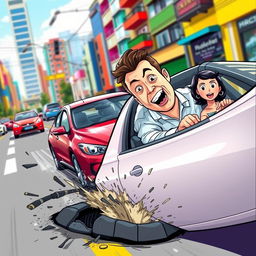 An action-packed scene showing a white man in a modern sedan swerving sharply to avoid an Asian woman driving a compact car