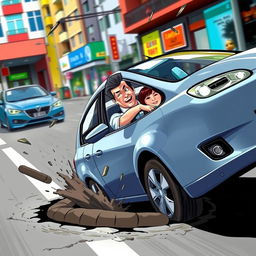 An action-packed scene showing a white man in a modern sedan swerving sharply to avoid an Asian woman driving a compact car