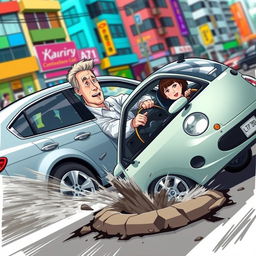 An action-packed scene showing a white man in a modern sedan swerving sharply to avoid an Asian woman driving a compact car