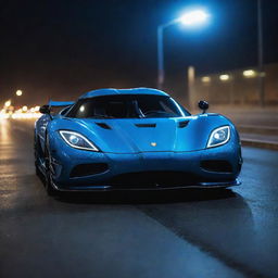 A dynamic image of the Koenigsegg Agera R, with its sleek profile, sharp lines, and glossy finish. Visualize it with blue lighting and sparks flying from the tires while racing on an urban roadway at night.