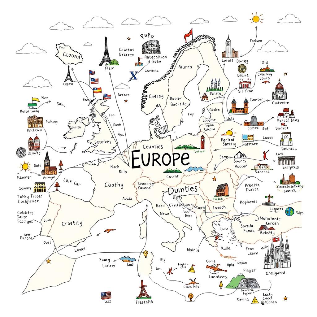 A detailed hand-drawn style mind map focusing on Europe, featuring various countries and their capitals, cultural icons, and landmarks such as the Eiffel Tower, Colosseum, Big Ben, and Sagrada Familia