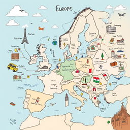 A detailed hand-drawn style mind map focusing on Europe, featuring various countries and their capitals, cultural icons, and landmarks such as the Eiffel Tower, Colosseum, Big Ben, and Sagrada Familia