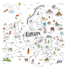 A detailed hand-drawn style mind map focusing on Europe, featuring various countries and their capitals, cultural icons, and landmarks such as the Eiffel Tower, Colosseum, Big Ben, and Sagrada Familia