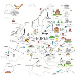 A detailed hand-drawn style mind map focusing on Europe, featuring various countries and their capitals, cultural icons, and landmarks such as the Eiffel Tower, Colosseum, Big Ben, and Sagrada Familia