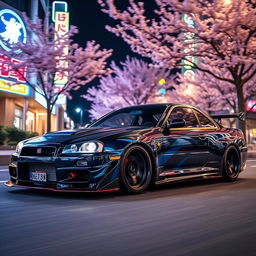 A stunning JDM car, showcasing a sleek, aerodynamic design with an eye-catching paint job featuring vibrant blues and deep blacks