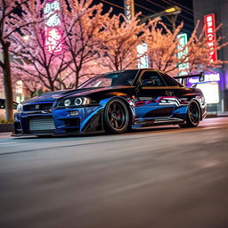 A stunning JDM car, showcasing a sleek, aerodynamic design with an eye-catching paint job featuring vibrant blues and deep blacks