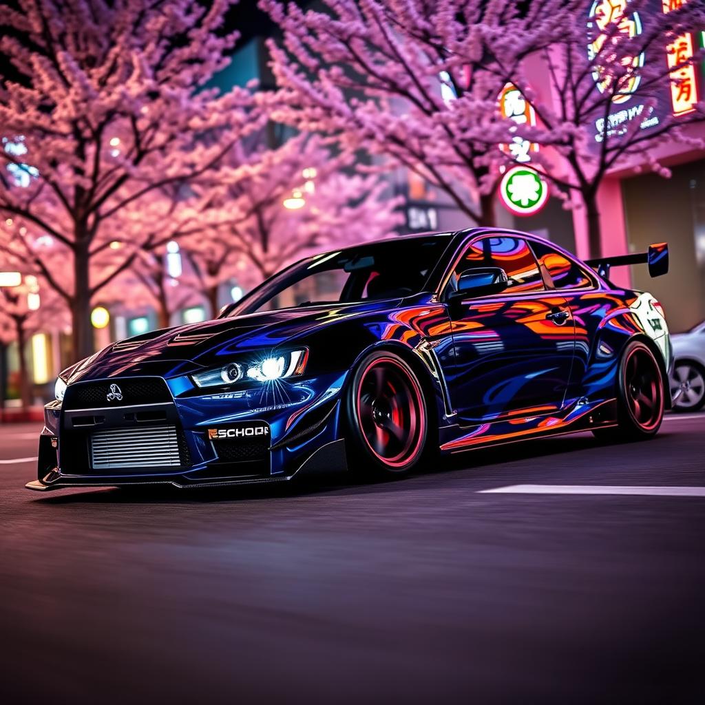 A stunning JDM car, showcasing a sleek, aerodynamic design with an eye-catching paint job featuring vibrant blues and deep blacks