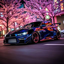 A stunning JDM car, showcasing a sleek, aerodynamic design with an eye-catching paint job featuring vibrant blues and deep blacks