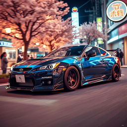 A stunning JDM car, showcasing a sleek, aerodynamic design with an eye-catching paint job featuring vibrant blues and deep blacks