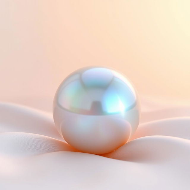 A stunning, iridescent pearl sitting on a soft silk fabric, illuminated by a gentle light that reflects its colors beautifully