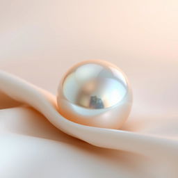 A stunning, iridescent pearl sitting on a soft silk fabric, illuminated by a gentle light that reflects its colors beautifully