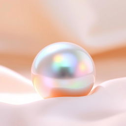 A stunning, iridescent pearl sitting on a soft silk fabric, illuminated by a gentle light that reflects its colors beautifully