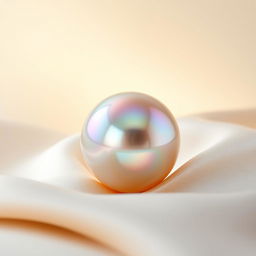 A stunning, iridescent pearl sitting on a soft silk fabric, illuminated by a gentle light that reflects its colors beautifully