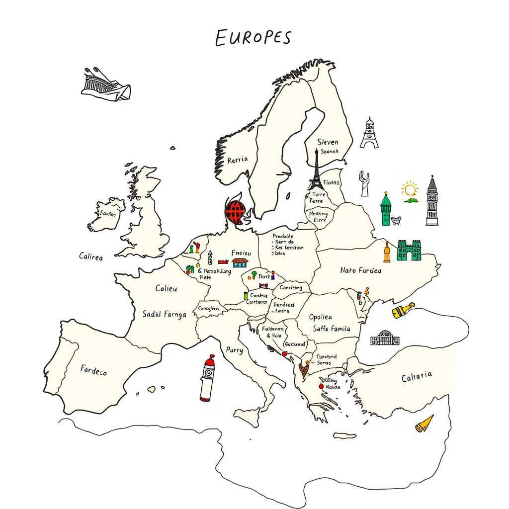 Um mapa mental desenhado à mão focando apenas na Europa, com países e suas capitais escritos em português