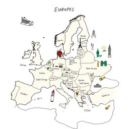 Um mapa mental desenhado à mão focando apenas na Europa, com países e suas capitais escritos em português