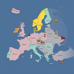 Um mapa mental desenhado à mão focando apenas na Europa, com países e suas capitais escritos em português