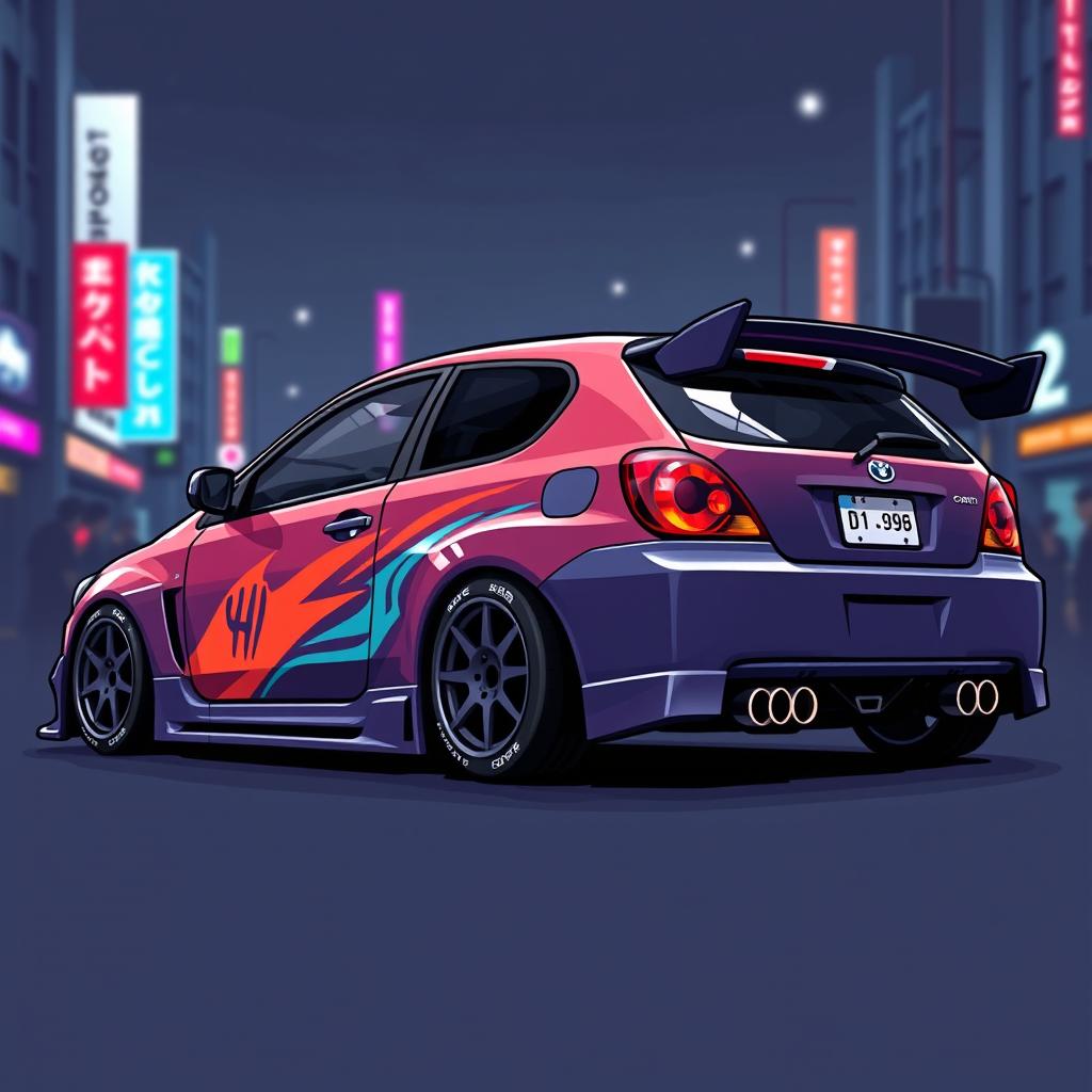 Pixel art of a JDM (Japanese Domestic Market) car, featuring a sleek and sporty compact car with a vibrant color scheme