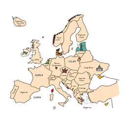 Um mapa mental desenhado à mão focando apenas na Europa, com países e suas capitais escritos em português