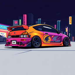 Pixel art of a JDM (Japanese Domestic Market) car, featuring a sleek and sporty compact car with a vibrant color scheme