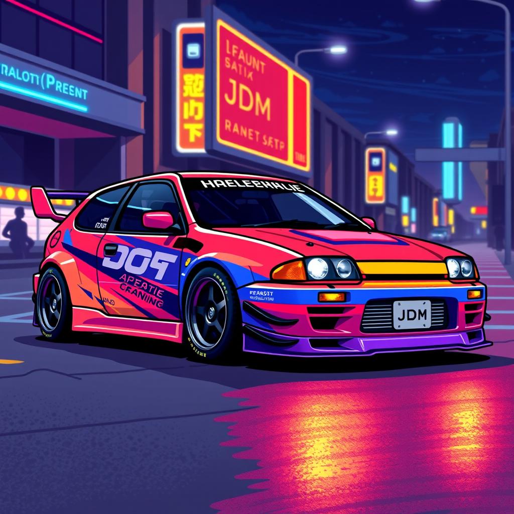 Pixel art of a JDM (Japanese Domestic Market) car, featuring a sleek and sporty compact car with a vibrant color scheme