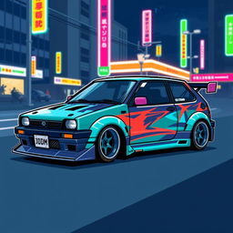 Pixel art of a JDM (Japanese Domestic Market) car, featuring a sleek and sporty compact car with a vibrant color scheme