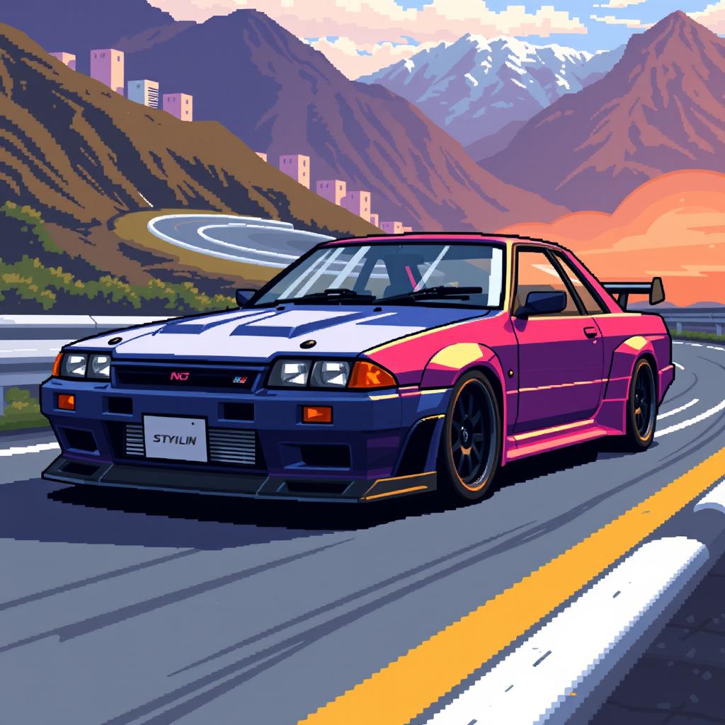 Pixel art of a Nissan Skyline in a JDM (Japanese Domestic Market) style, showcasing the iconic design features such as the sloping roofline, distinct headlights, and sporty body