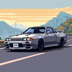 Pixel art of a Nissan Skyline in a JDM (Japanese Domestic Market) style, showcasing the iconic design features such as the sloping roofline, distinct headlights, and sporty body
