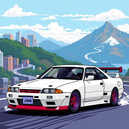 Pixel art of a Nissan Skyline in a JDM (Japanese Domestic Market) style, showcasing the iconic design features such as the sloping roofline, distinct headlights, and sporty body