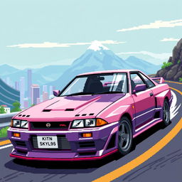 Pixel art of a Nissan Skyline in a JDM (Japanese Domestic Market) style, showcasing the iconic design features such as the sloping roofline, distinct headlights, and sporty body