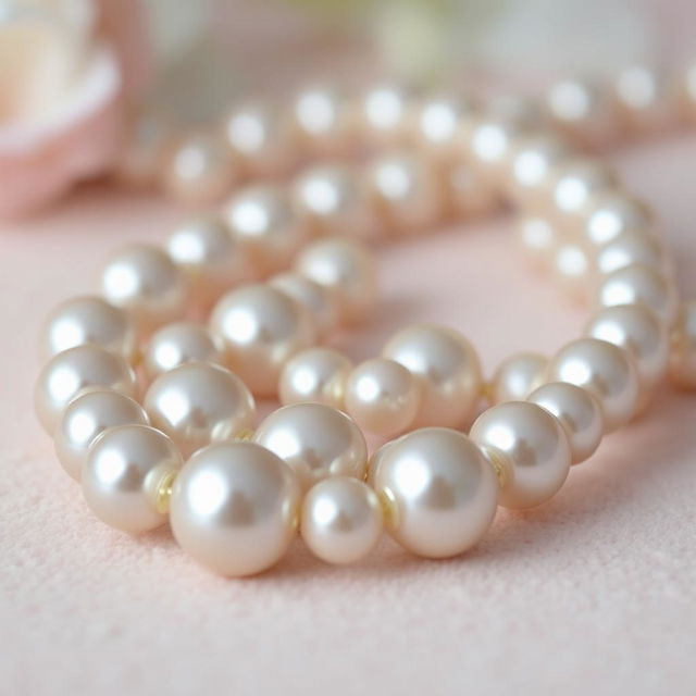 A close-up, beautifully detailed image of a string of pearls, showcasing the lustrous finish and intricate textures of each pearl