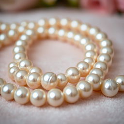 A close-up, beautifully detailed image of a string of pearls, showcasing the lustrous finish and intricate textures of each pearl