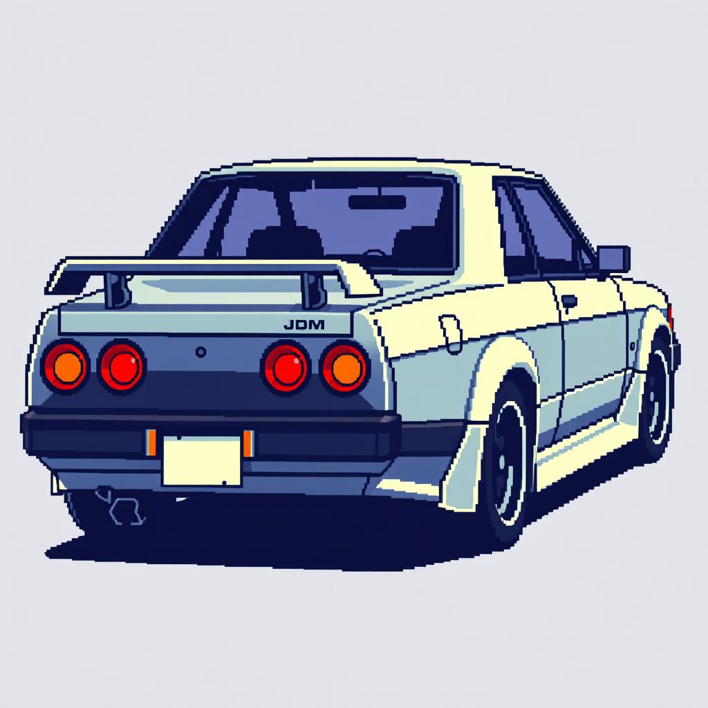 A pixel art representation of a JDM Nissan Skyline car, capturing its iconic shape and features with vibrant colors and details typical of retro video game graphics