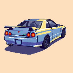 A pixel art representation of a JDM Nissan Skyline car, capturing its iconic shape and features with vibrant colors and details typical of retro video game graphics