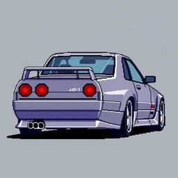 A pixel art representation of a JDM Nissan Skyline car, capturing its iconic shape and features with vibrant colors and details typical of retro video game graphics