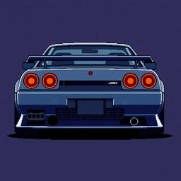 A pixel art representation of a JDM Nissan Skyline car, capturing its iconic shape and features with vibrant colors and details typical of retro video game graphics