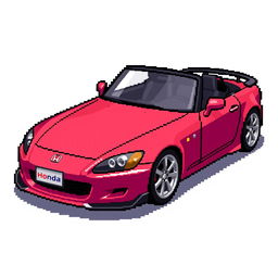 A pixel art representation of a Honda S2000, showcasing its distinctive design features such as the sleek long hood, sporty front grille, and stylish rear