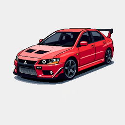 A pixel art representation of a 2006 Mitsubishi Lancer Evolution IX, illustrated from a side angle to emphasize its dynamic design and sporty features