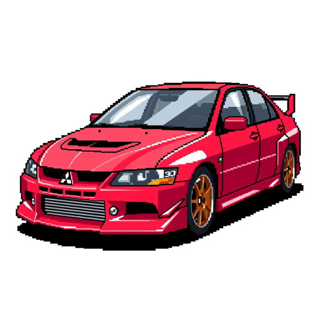 A pixel art representation of a 2006 Mitsubishi Lancer Evolution IX, illustrated from a side angle to emphasize its dynamic design and sporty features