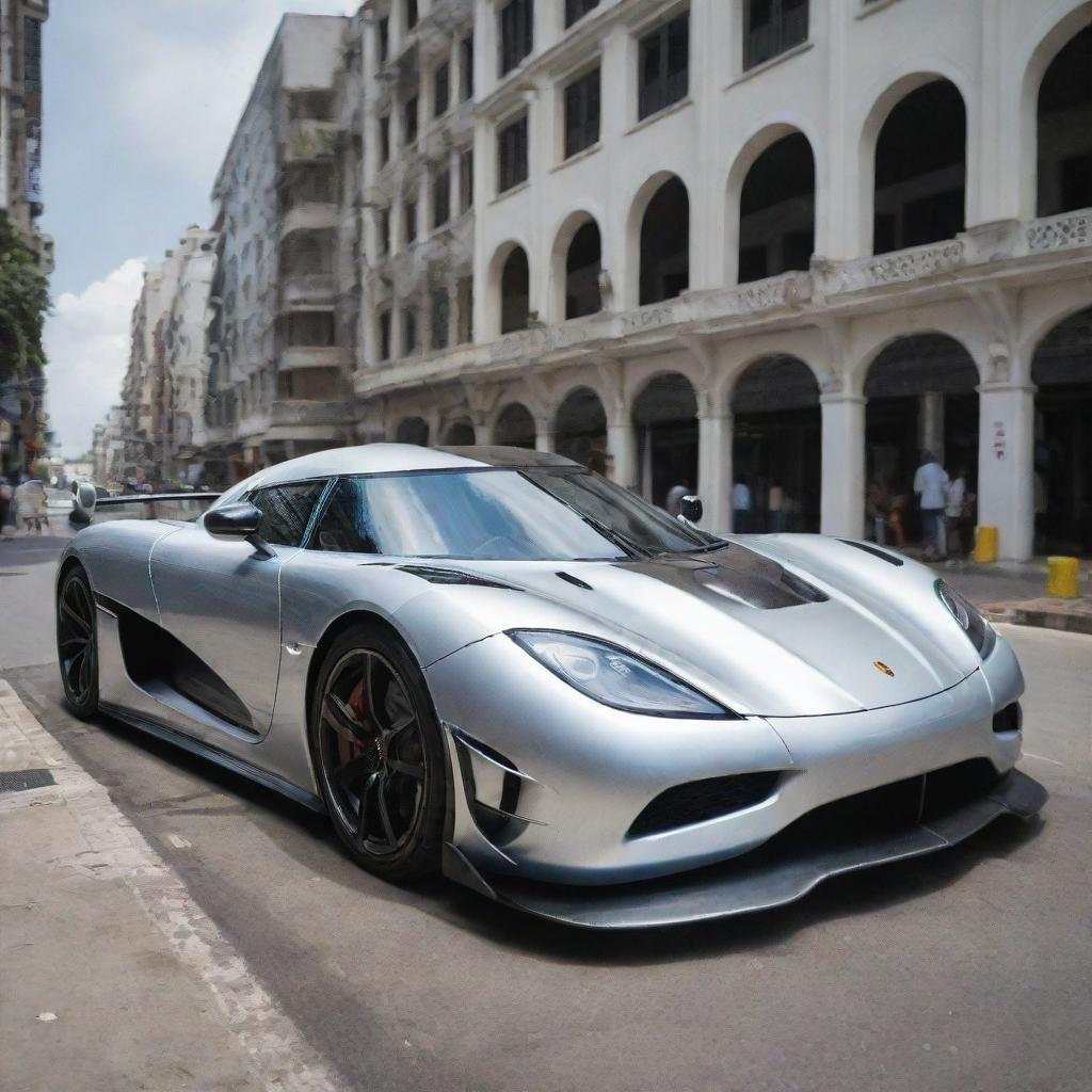 Visualize a sleek, silver Koenigsegg Agera R parked in the bustling urban environment of Malé City. The car contrasts against the traditional architecture of the Maldivian capital, creating a fascinating fusion of modernity and custom.