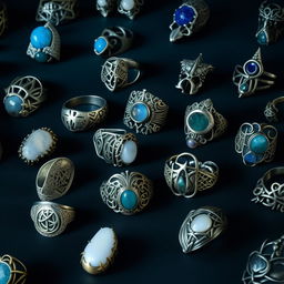 A collection of unique, intricate witch rings, adorned with arcane symbols, different types of stones, and mysterious filigree designs.