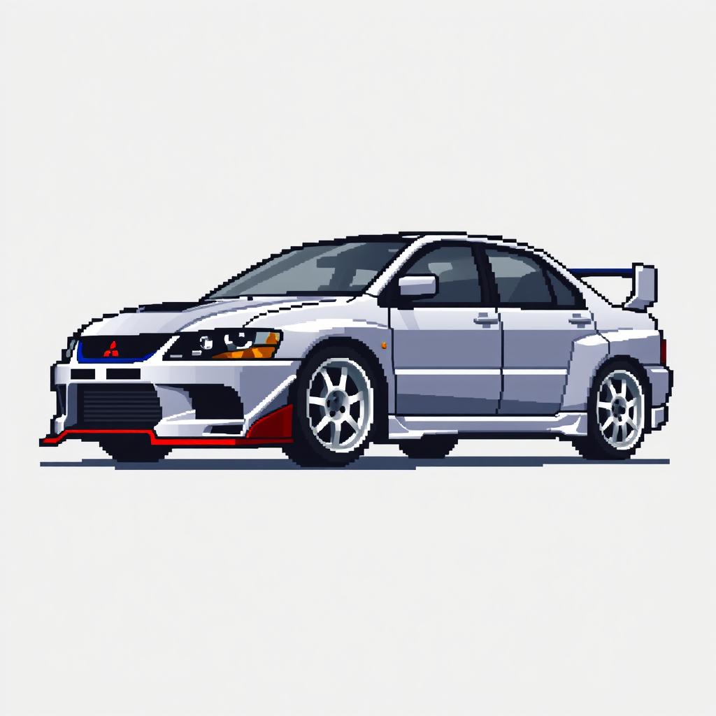 A pixel art depiction of a 2006 Mitsubishi Lancer Evolution IX from a side angle, emphasizing the car's sporty design and distinctive features such as the aggressive front grill, sharp lines, and iconic rear wing