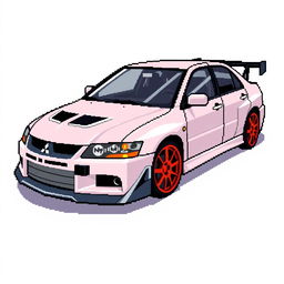 A pixel art depiction of a 2006 Mitsubishi Lancer Evolution IX from a side angle, emphasizing the car's sporty design and distinctive features such as the aggressive front grill, sharp lines, and iconic rear wing